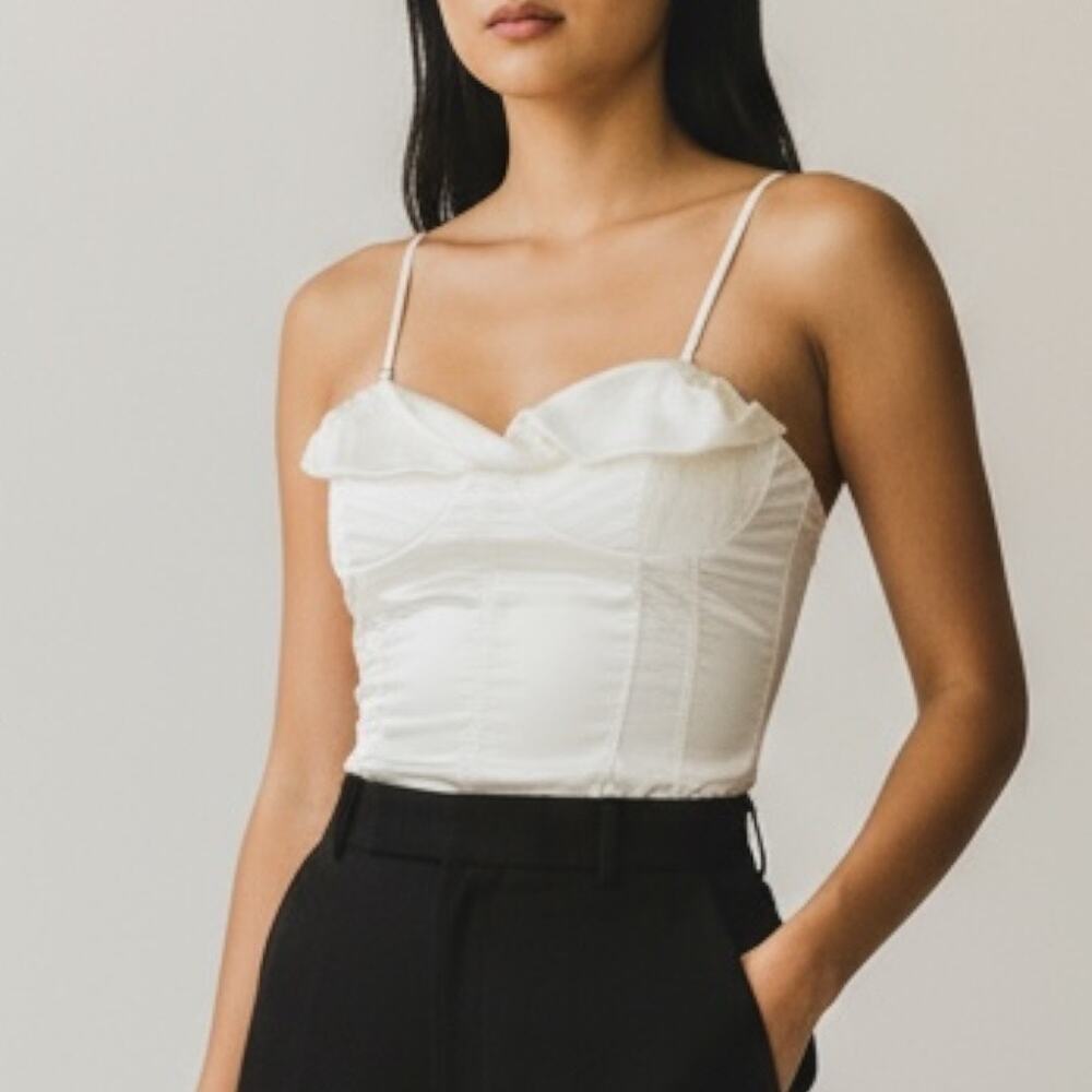 ZARA Ivory Satin Bodysuit XL Cowl Neck Bustier Tailored Lined Elegant Minimalist